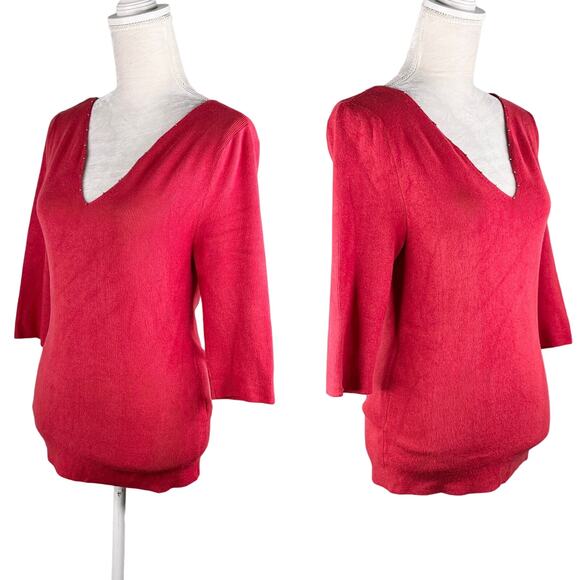 Soft Surroundings Pimi Sweater Medium Red V-Neck Gold Beads - Picture 4 of 16